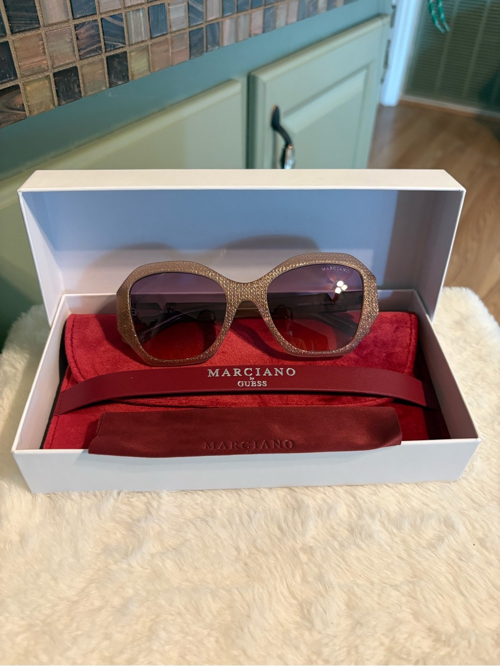Marciano Glitter Gold Oversized Sunglasses with Purple Gradient Lenses